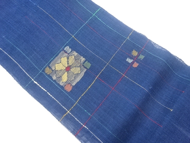 紗紬変わり格子に花模様織出し名古屋帯